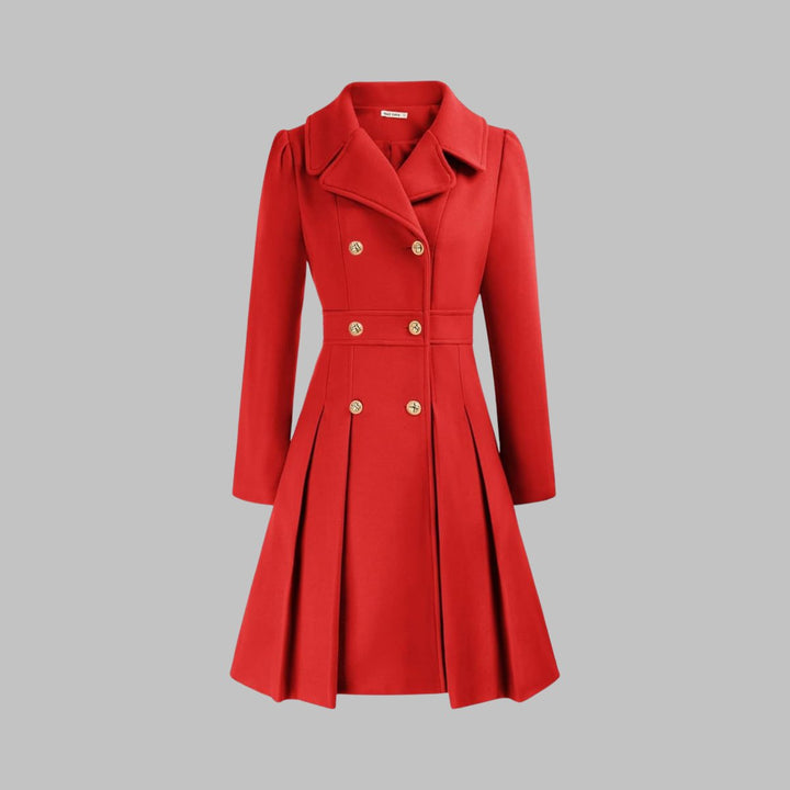 Women's Double Breasted Pleated A Line Long Sleeve Coat