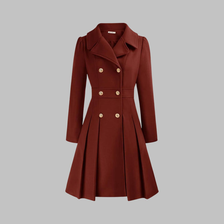 Women's Double Breasted Pleated A Line Long Sleeve Coat