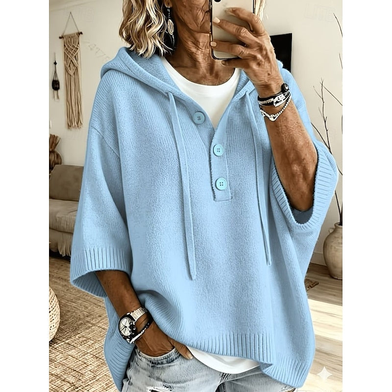 Women's Drawstring Hooded Relaxed Fit Knit Sweater