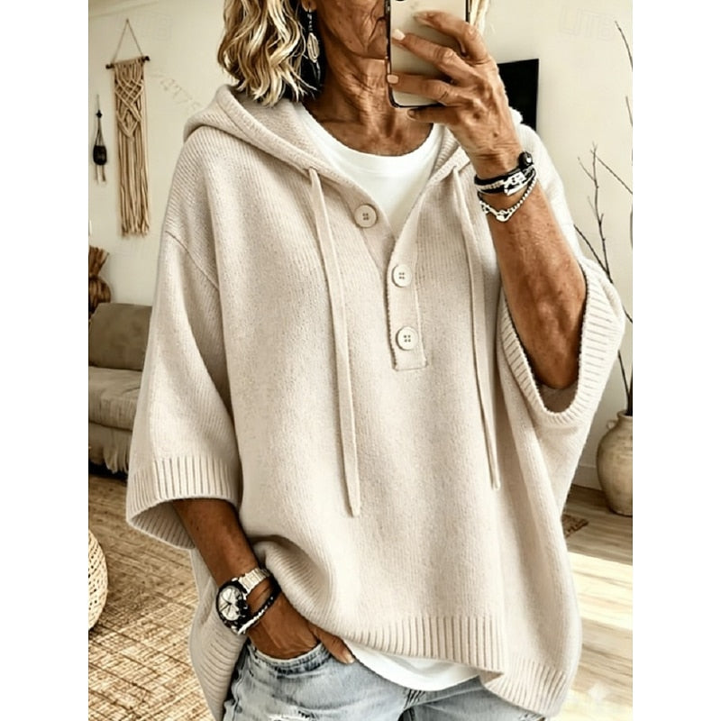 Women's Drawstring Hooded Relaxed Fit Knit Sweater