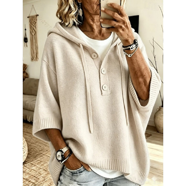 Women's Drawstring Hooded Relaxed Fit Knit Sweater