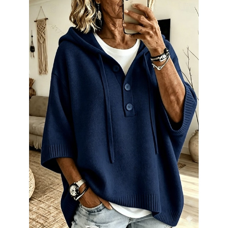Women's Drawstring Hooded Relaxed Fit Knit Sweater