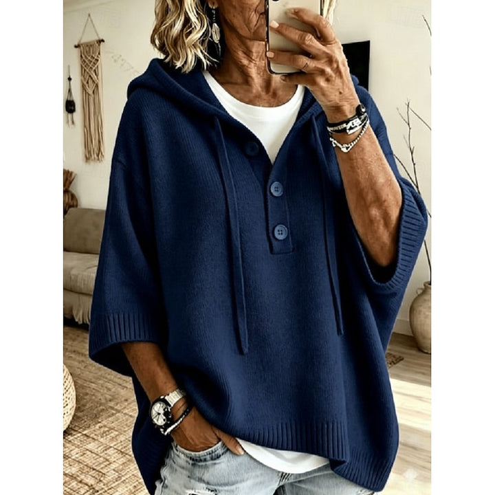 Women's Drawstring Hooded Relaxed Fit Knit Sweater
