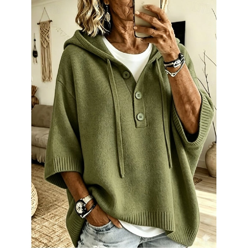 Women's Drawstring Hooded Relaxed Fit Knit Sweater
