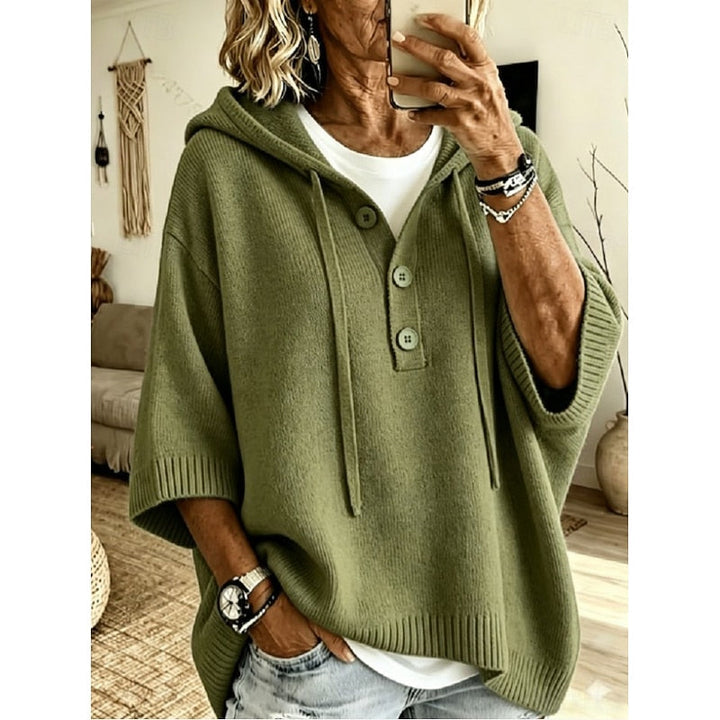 Women's Drawstring Hooded Relaxed Fit Knit Sweater