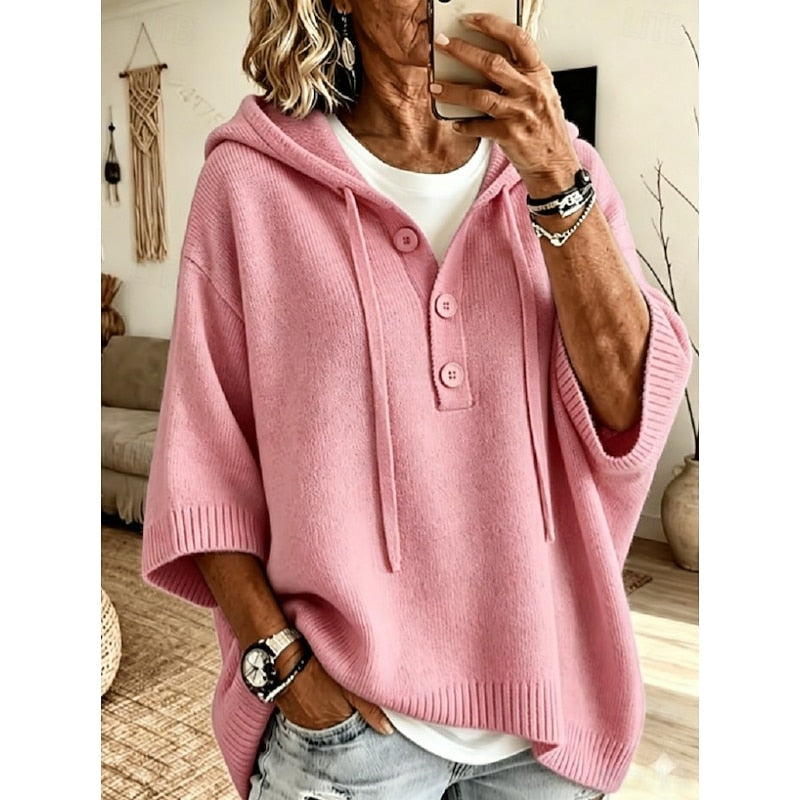 Women's Drawstring Hooded Relaxed Fit Knit Sweater