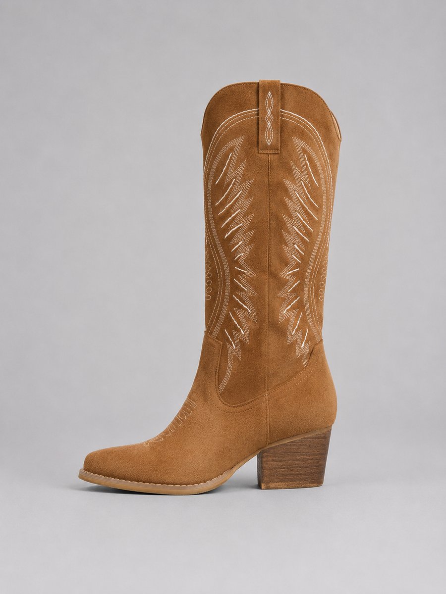 Women's Embroidered Block Heel Knee High Cowboy Boots