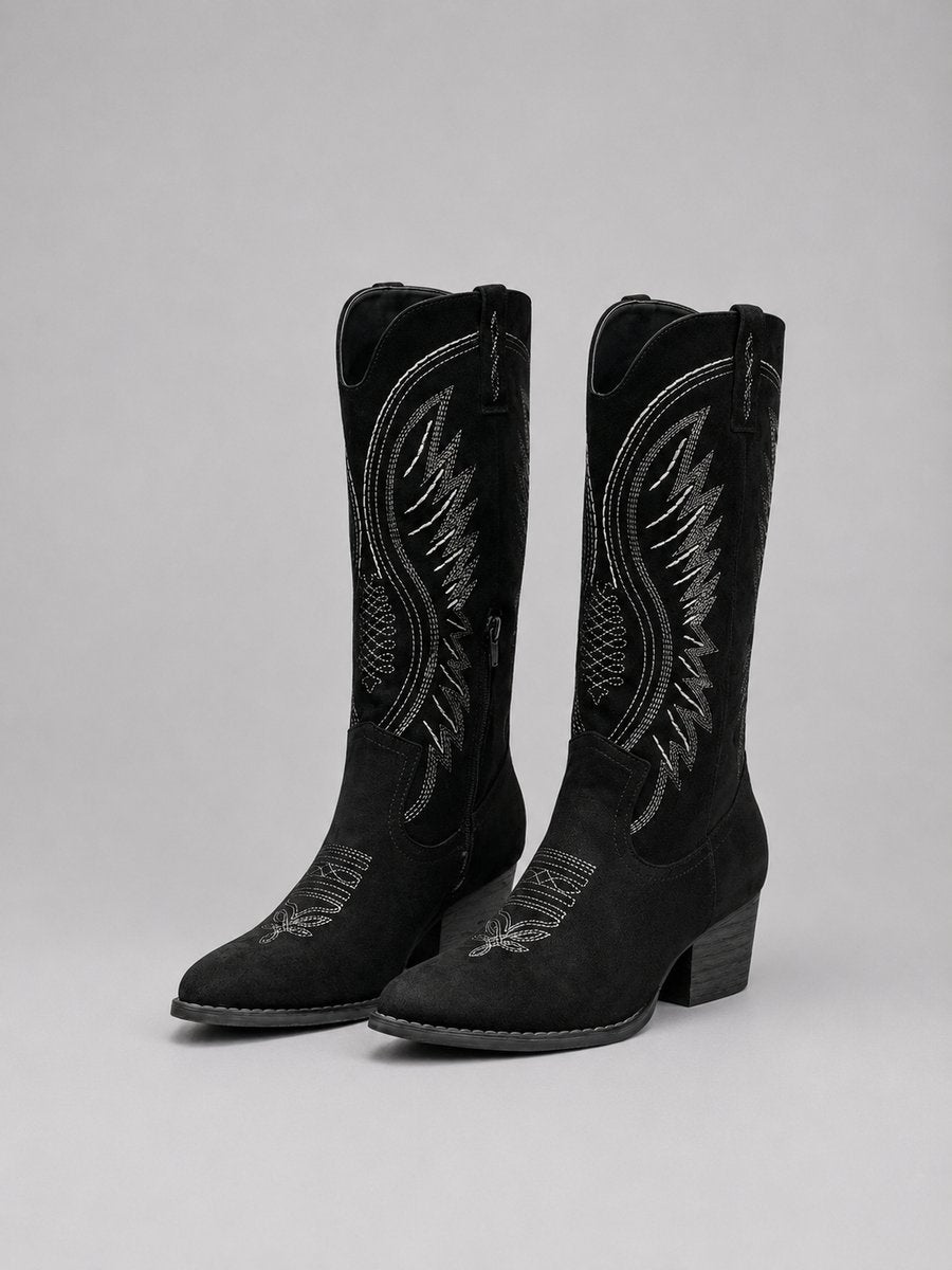 Women's Embroidered Block Heel Knee High Cowboy Boots