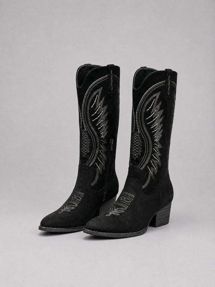 Women's Embroidered Block Heel Knee High Cowboy Boots