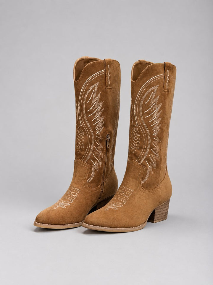 Women's Embroidered Block Heel Knee High Cowboy Boots