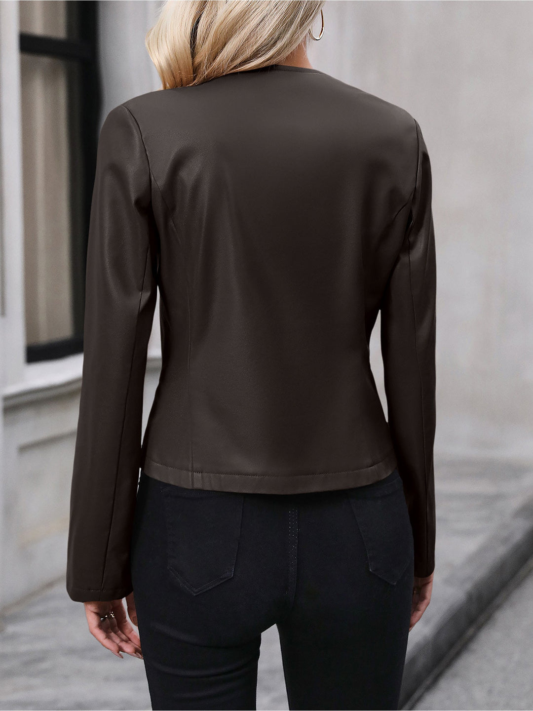 Women's Faux Leather Cropped Round Neck Zip Jacket