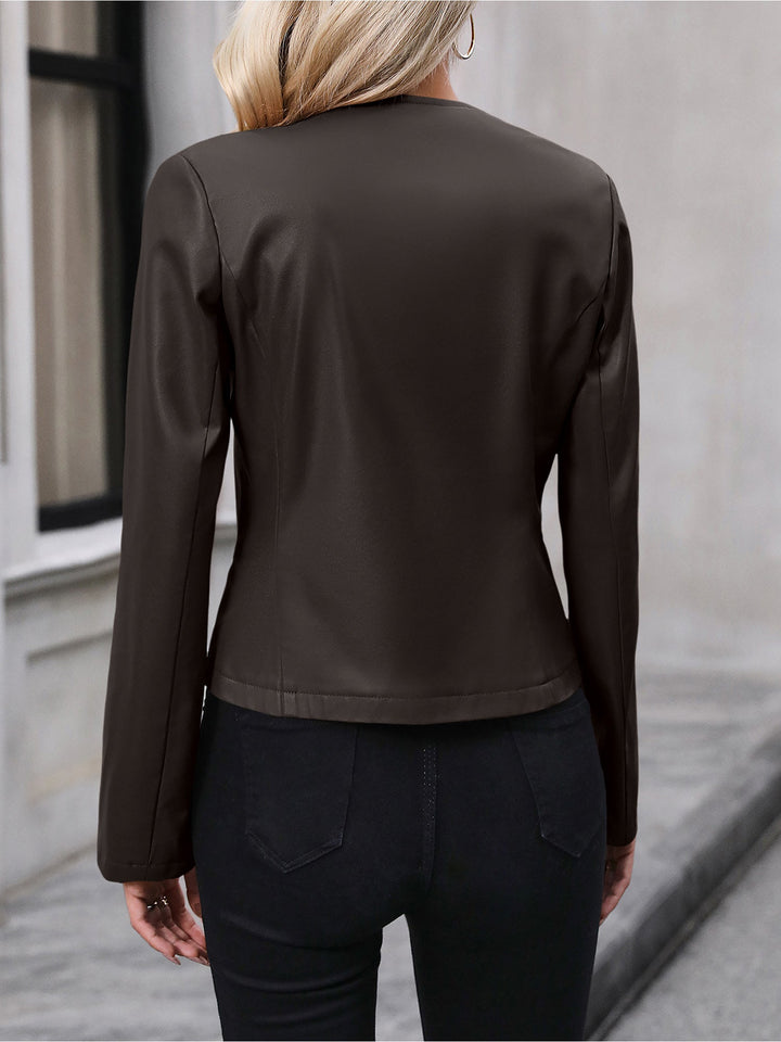 Women's Faux Leather Cropped Round Neck Zip Jacket