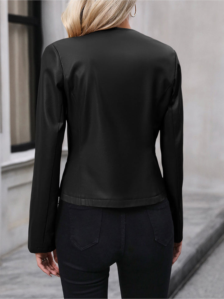 Women's Faux Leather Cropped Round Neck Zip Jacket