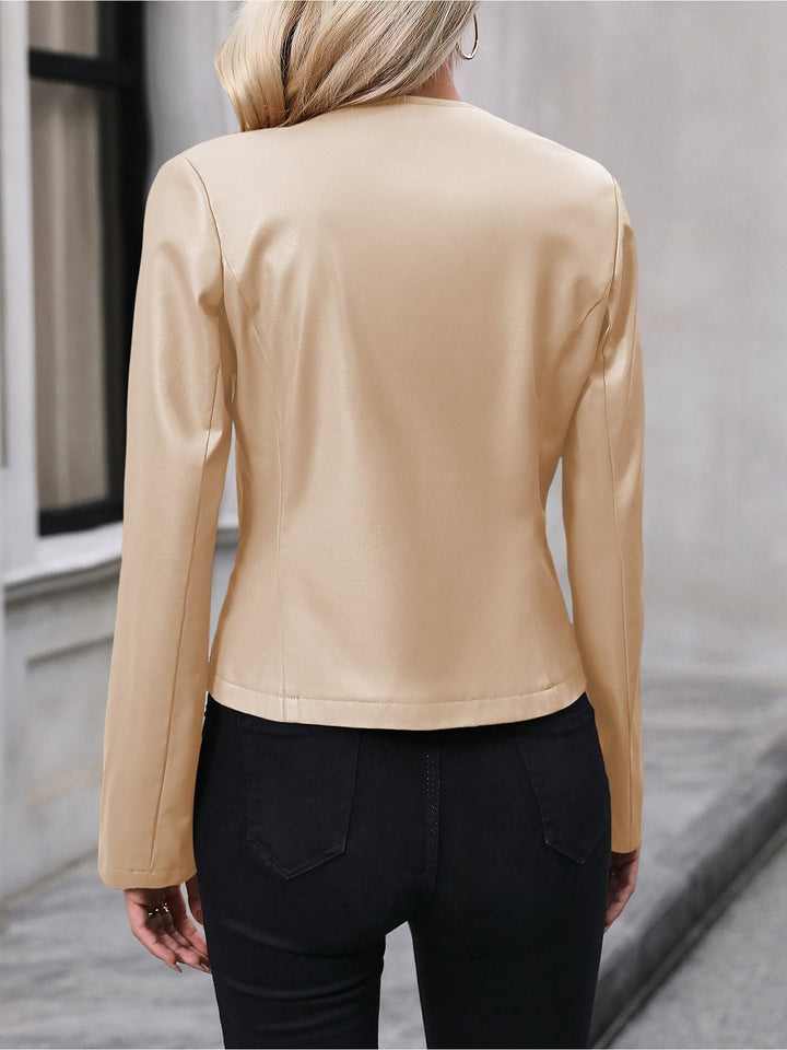 Women's Faux Leather Cropped Round Neck Zip Jacket