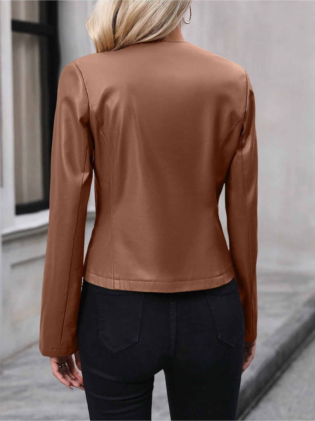 Women's Faux Leather Cropped Round Neck Zip Jacket