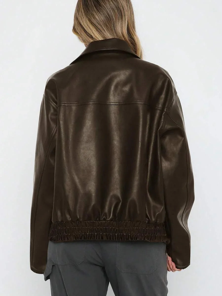 Women's Faux Leather Oversized Gathered Hem Zip Jacket