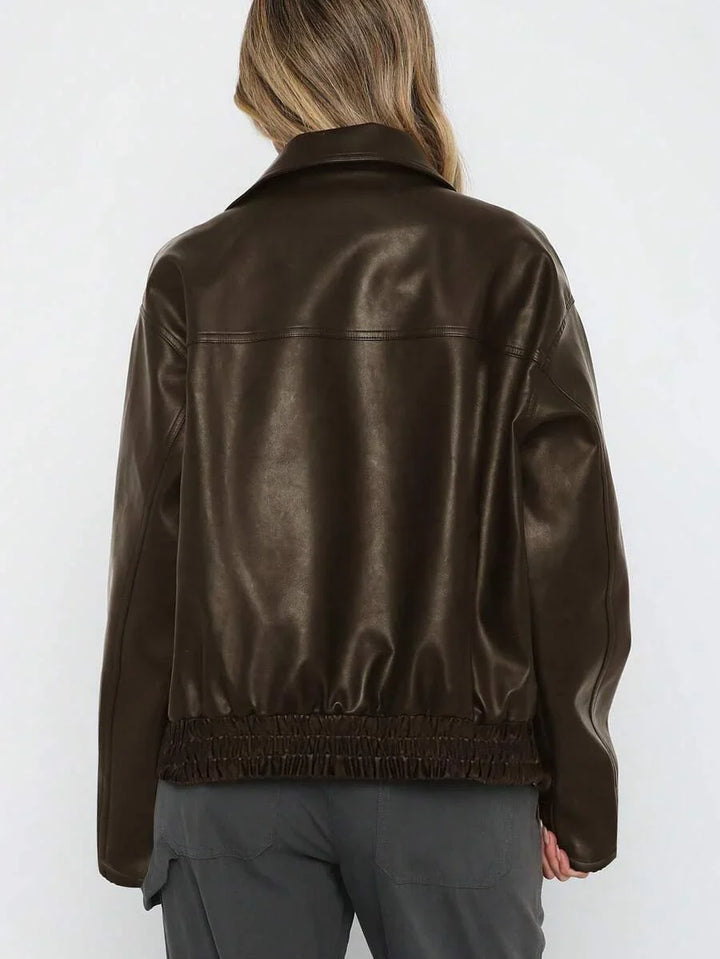 Women's Faux Leather Oversized Gathered Hem Zip Jacket