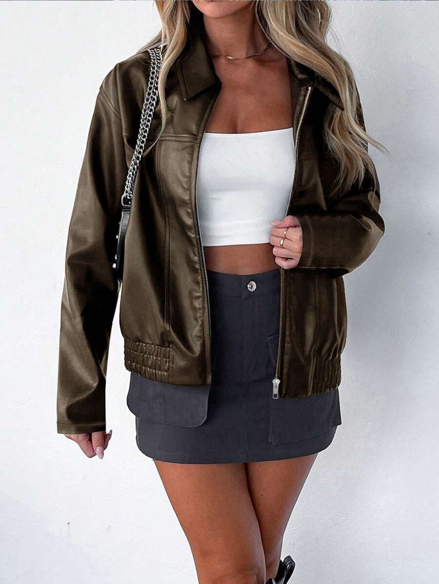 Women's Faux Leather Oversized Gathered Hem Zip Jacket