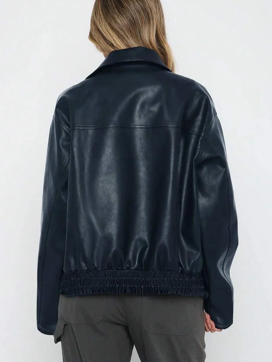 Women's Faux Leather Oversized Gathered Hem Zip Jacket