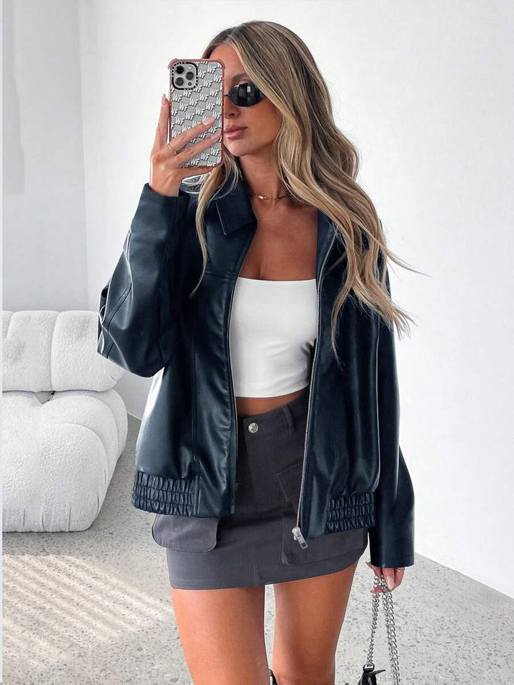 Women's Faux Leather Oversized Gathered Hem Zip Jacket