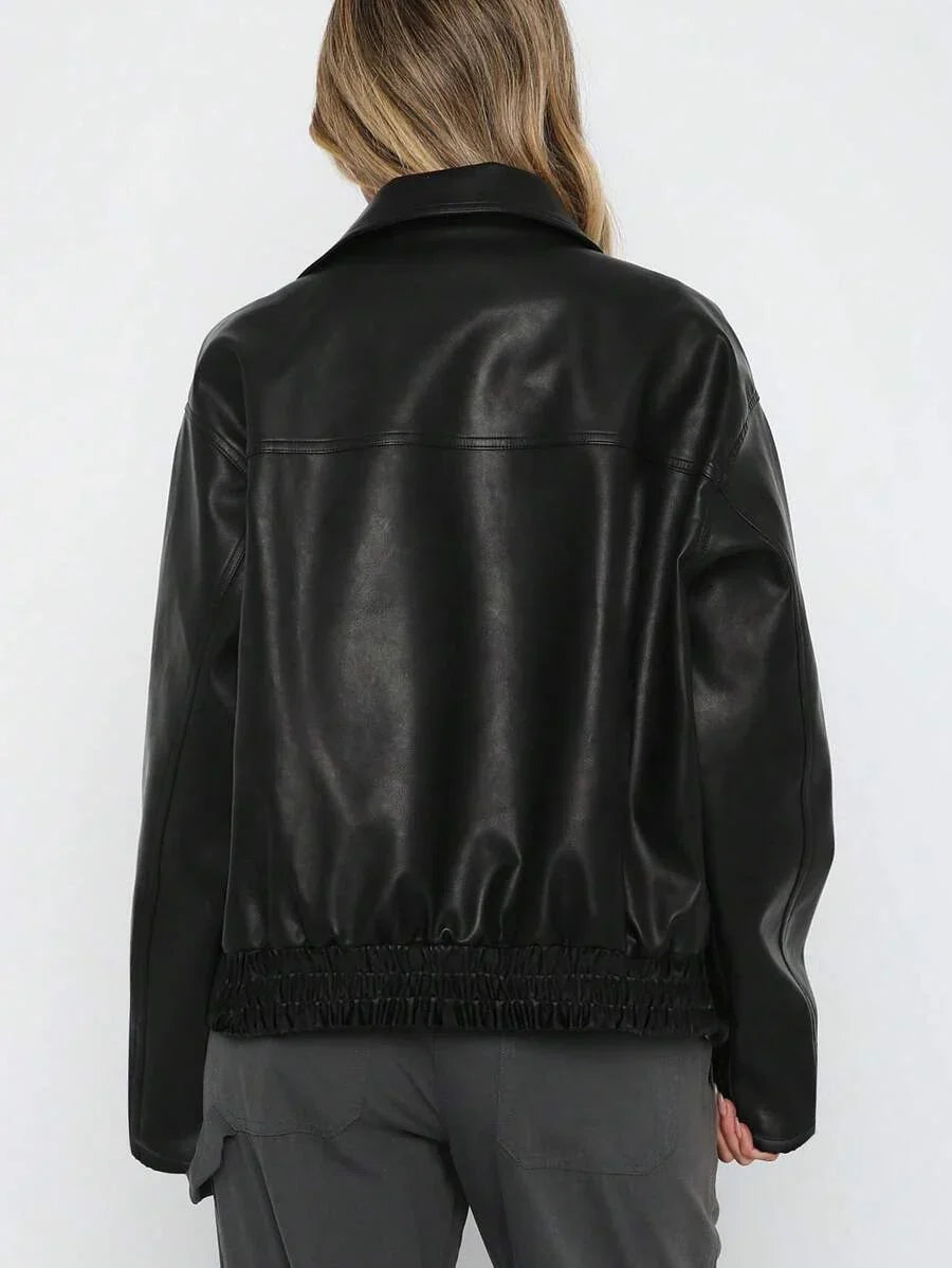 Women's Faux Leather Oversized Gathered Hem Zip Jacket
