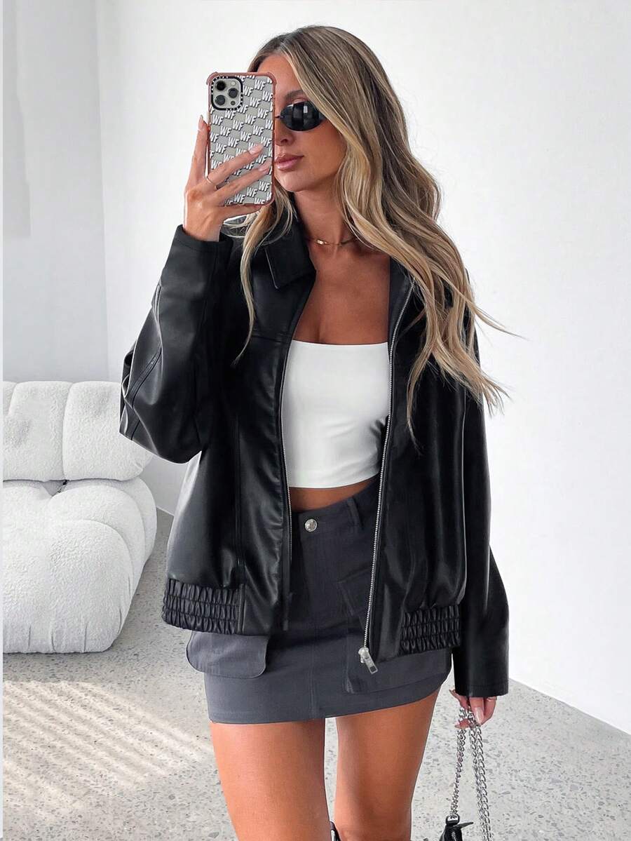 Women's Faux Leather Oversized Gathered Hem Zip Jacket