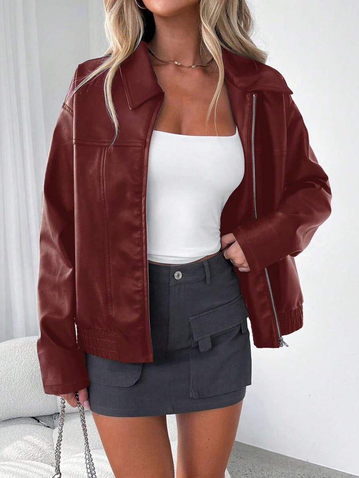 Women's Faux Leather Oversized Gathered Hem Zip Jacket