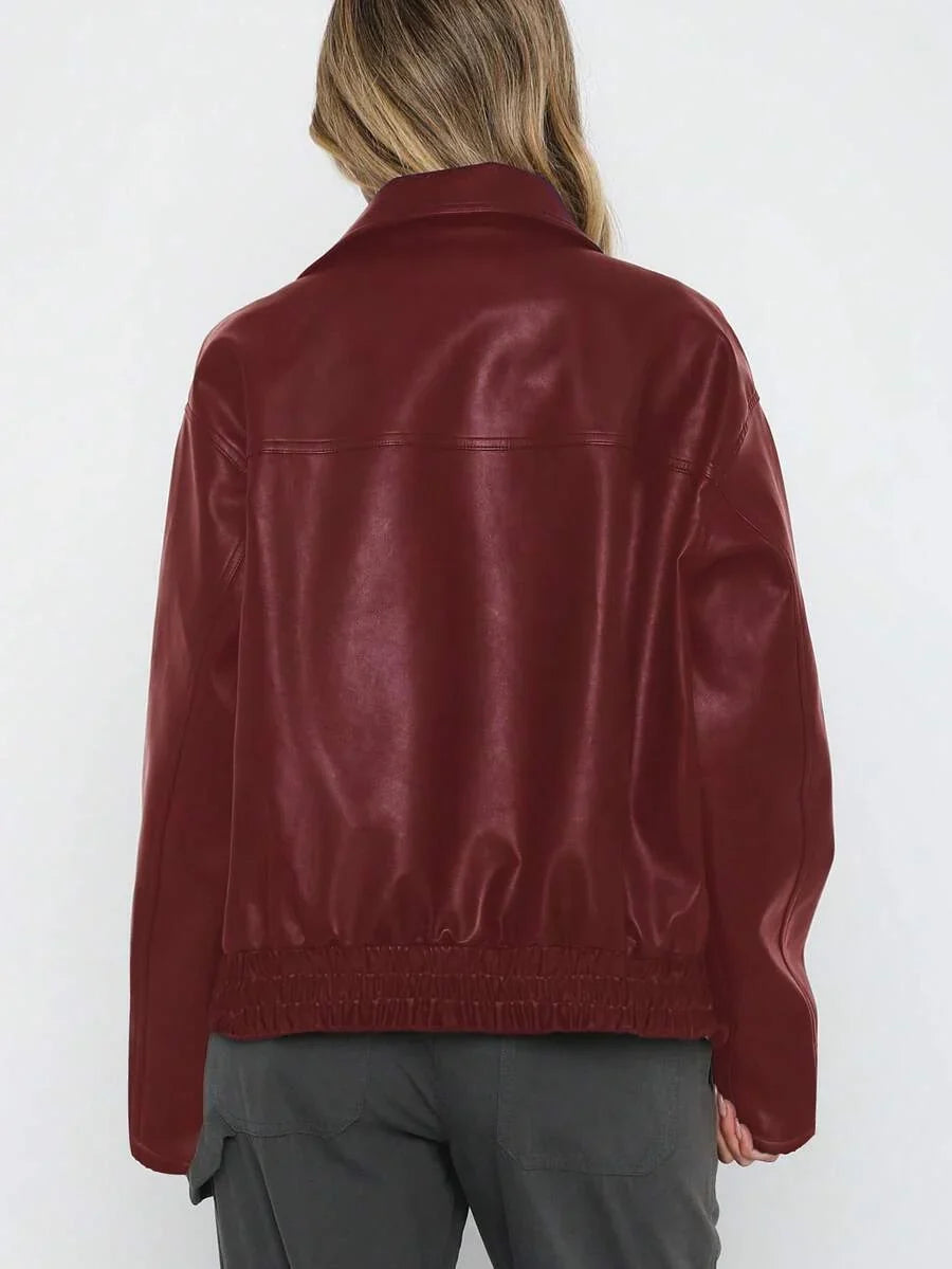Women's Faux Leather Oversized Gathered Hem Zip Jacket
