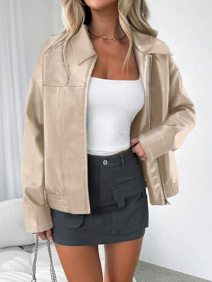 Women's Faux Leather Oversized Gathered Hem Zip Jacket
