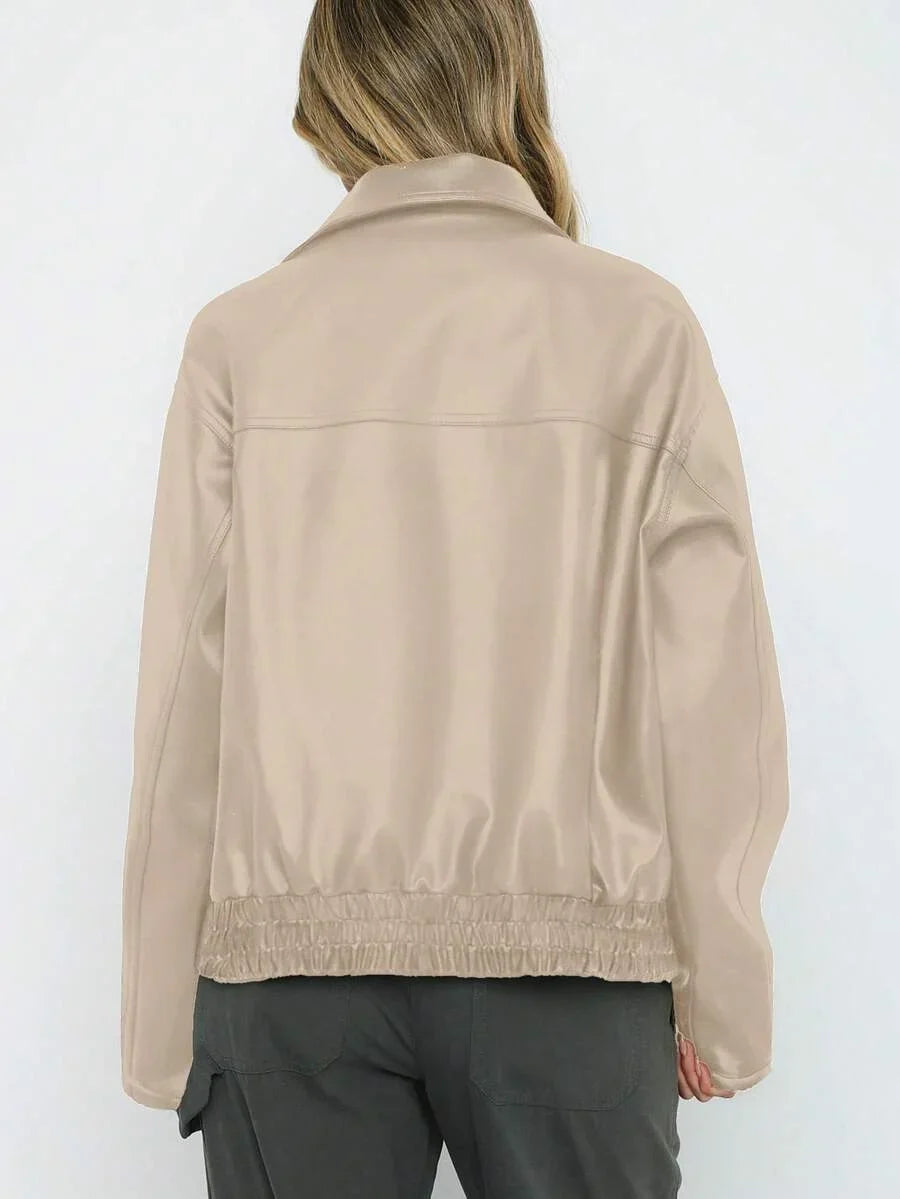 Women's Faux Leather Oversized Gathered Hem Zip Jacket