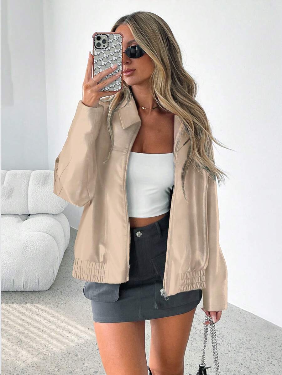 Women's Faux Leather Oversized Gathered Hem Zip Jacket