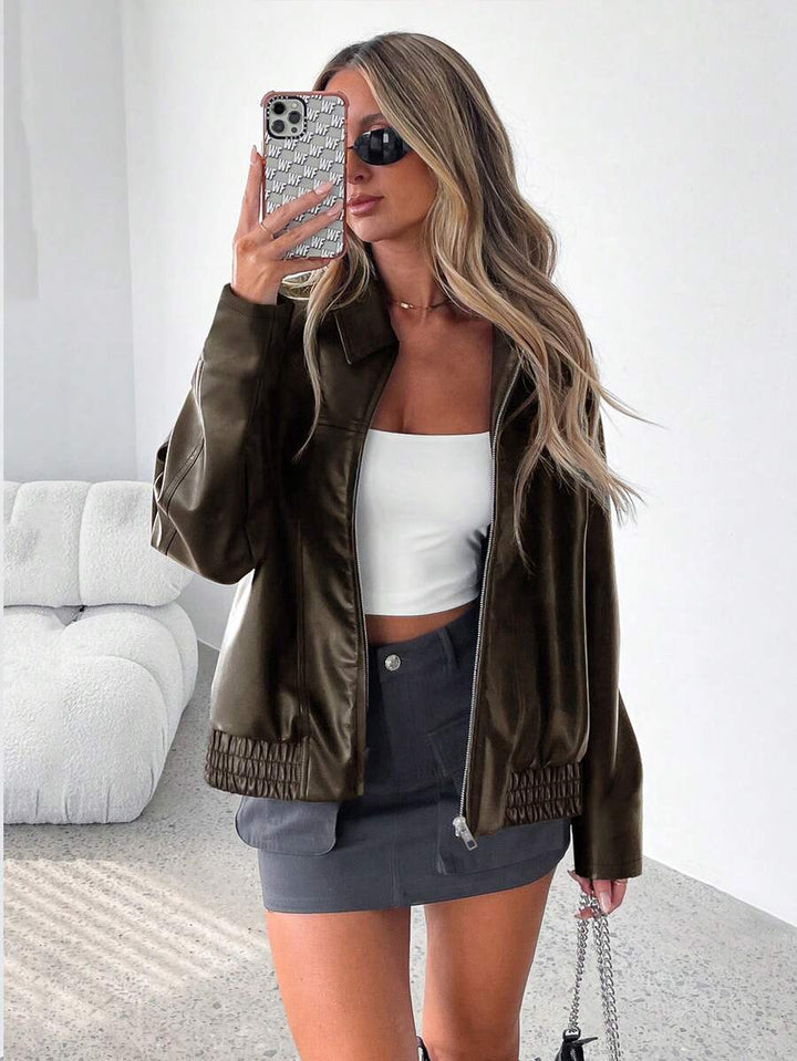 Women's Faux Leather Oversized Gathered Hem Zip Jacket