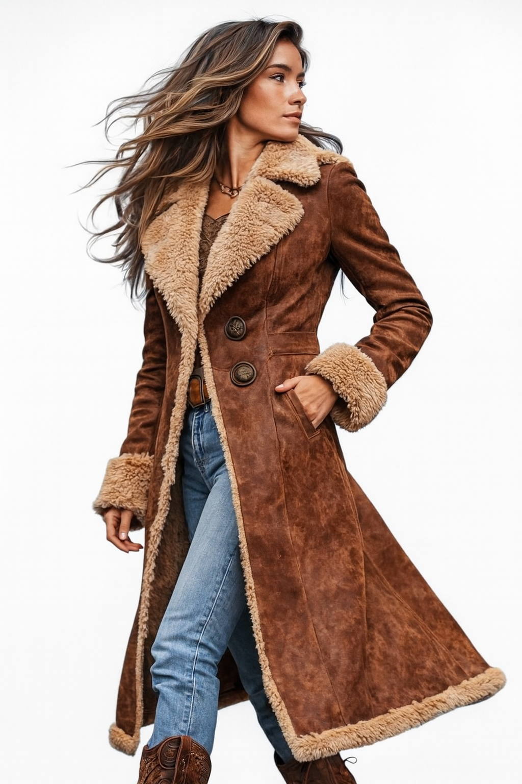 Women's Faux Suede Fur Lined Long Flared Winter Coat