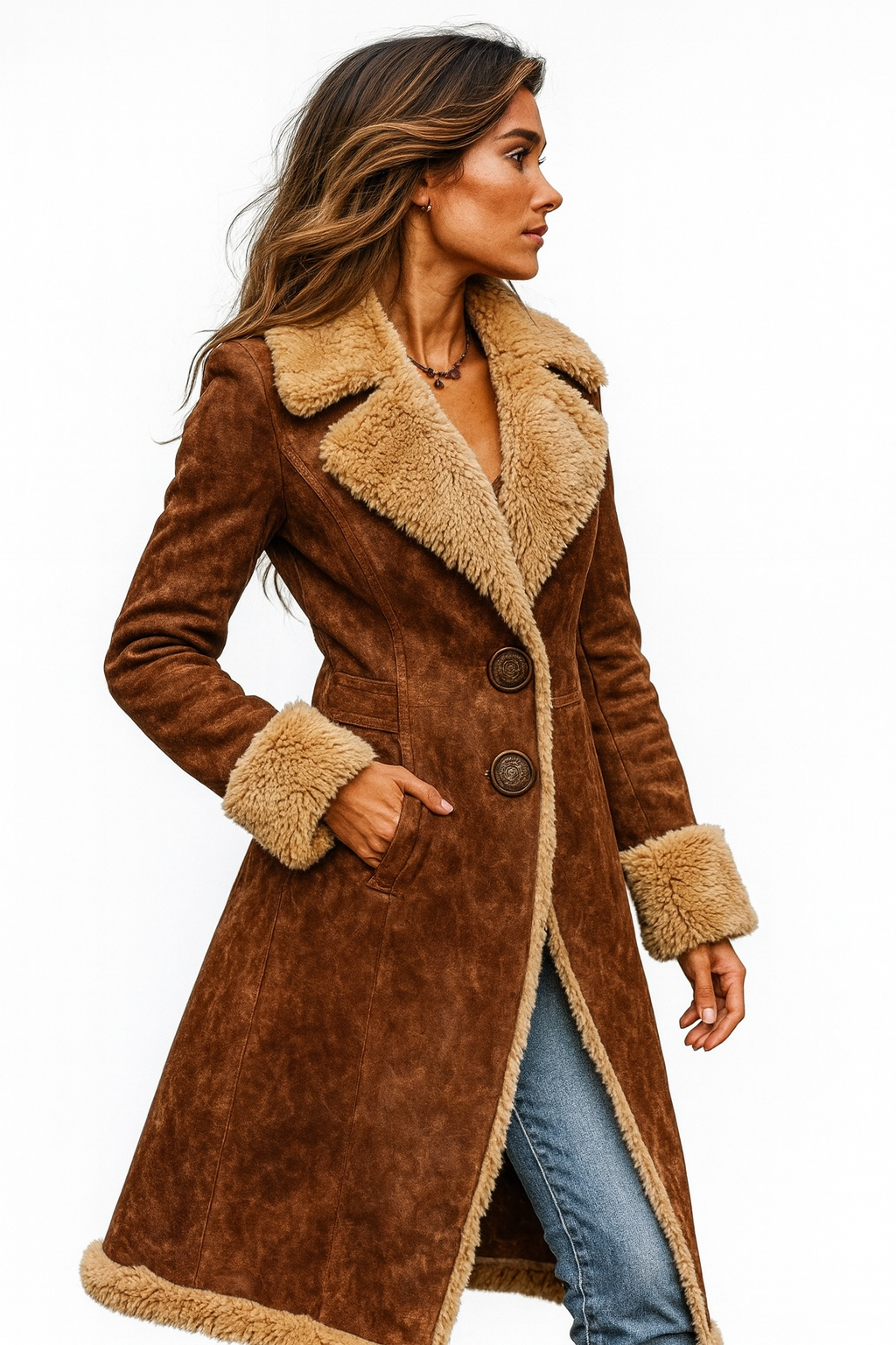 Women's Faux Suede Fur Lined Long Flared Winter Coat