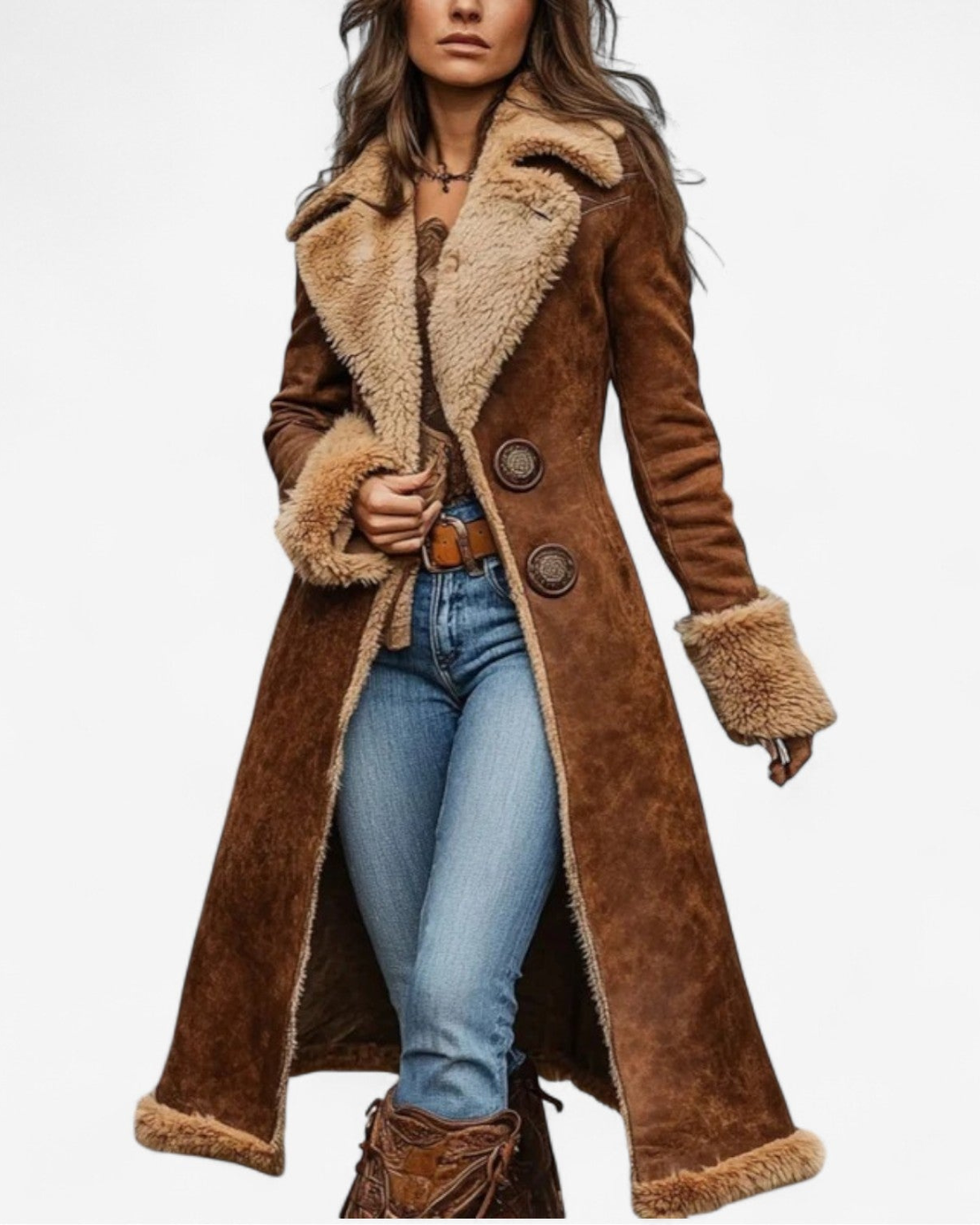 Women's Faux Suede Fur Lined Long Flared Winter Coat