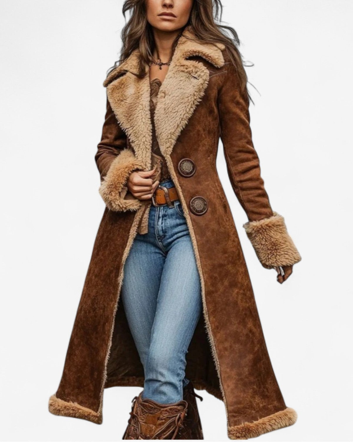 Women's Faux Suede Fur Lined Long Flared Winter Coat