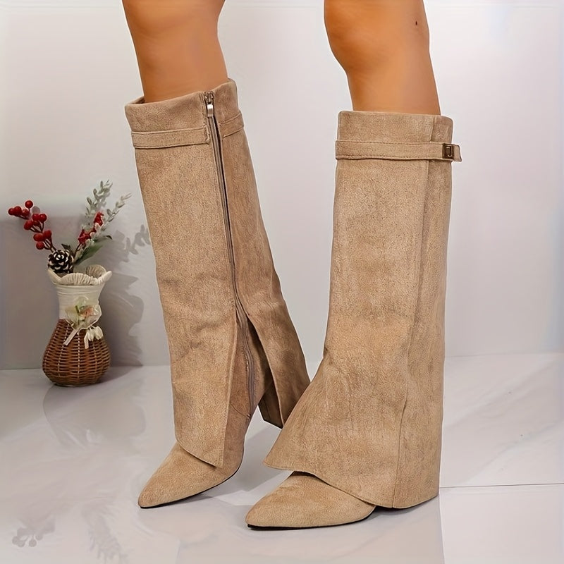 Women's Faux Suede Pointed Toe Block Heel Knee High Boots