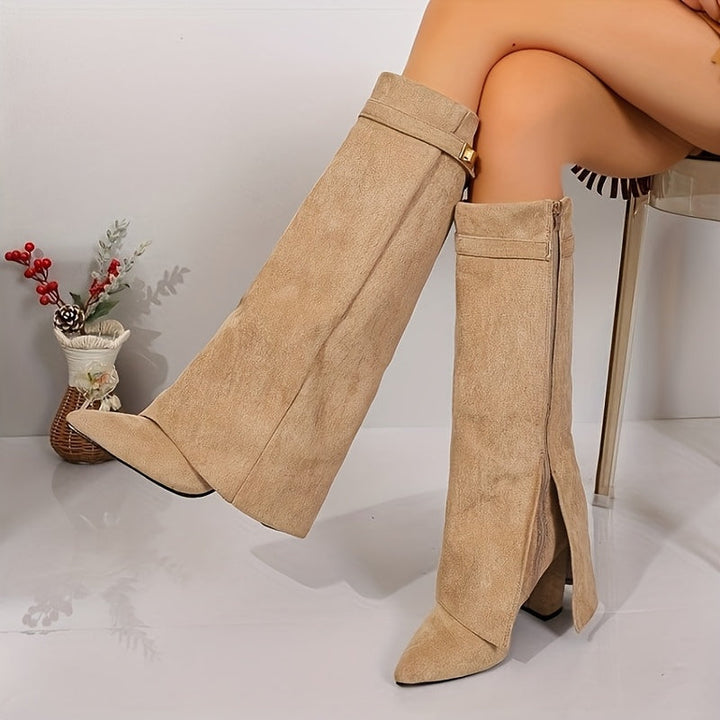 Women's Faux Suede Pointed Toe Block Heel Knee High Boots