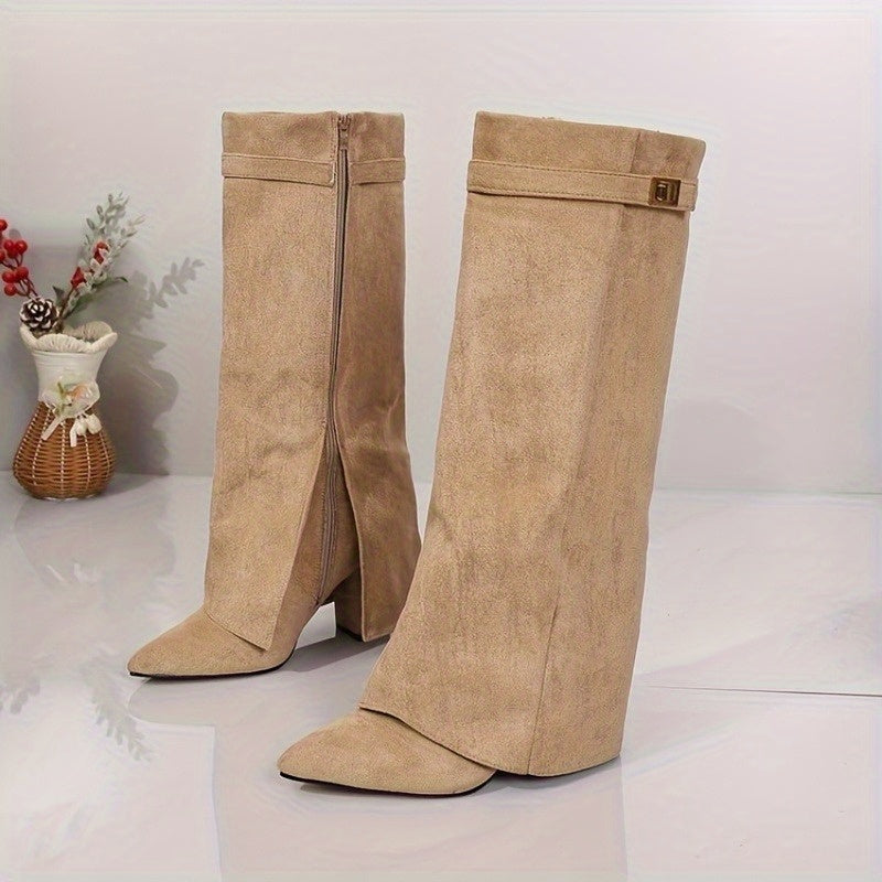 Women's Faux Suede Pointed Toe Block Heel Knee High Boots