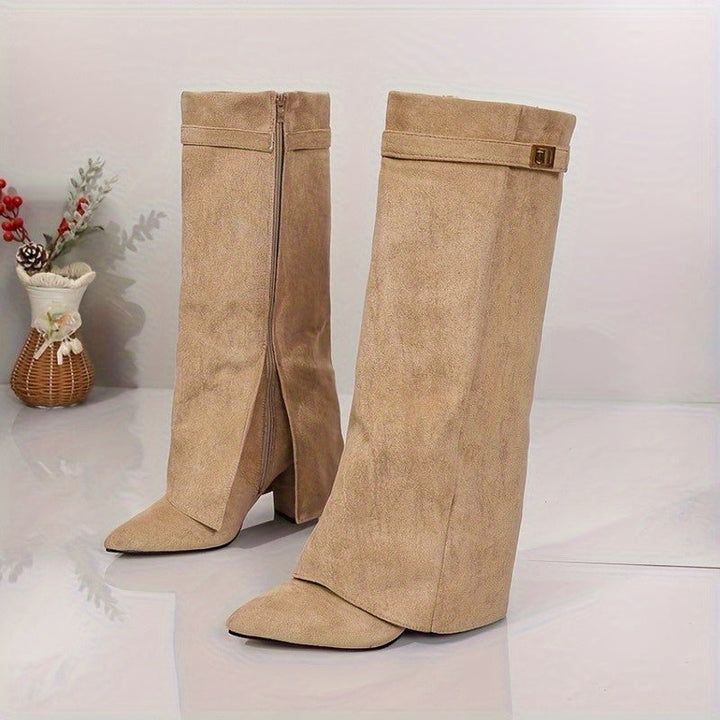 Women's Faux Suede Pointed Toe Block Heel Knee High Boots