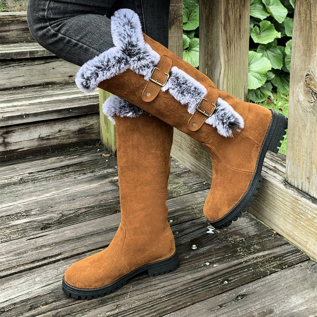 Women's Fur Trim Lug Sole Faux Suede Winter Knee High Boots
