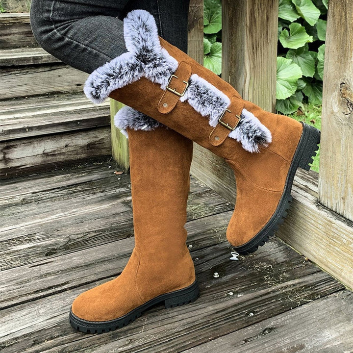 Women's Fur Trim Lug Sole Faux Suede Winter Knee High Boots