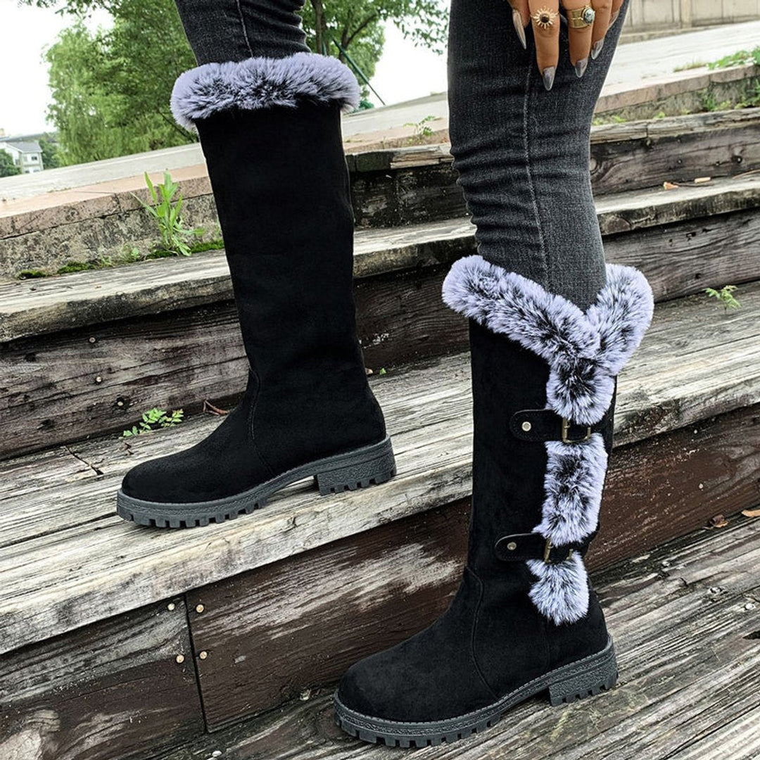 Women's Fur Trim Lug Sole Faux Suede Winter Knee High Boots
