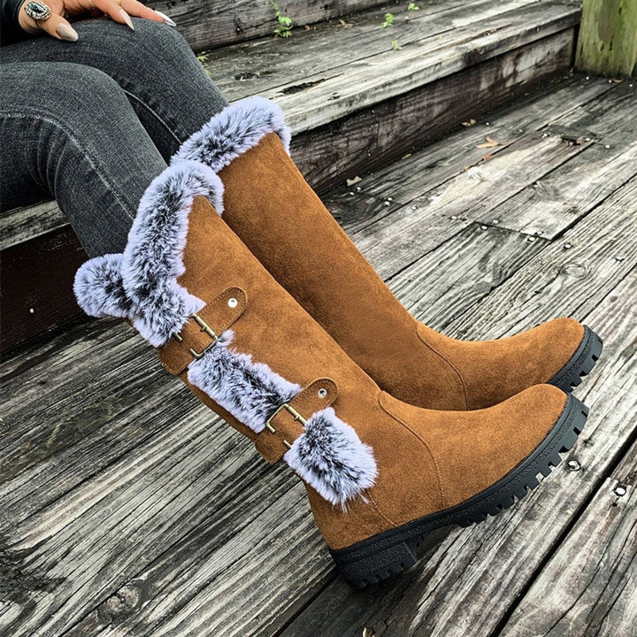 Women's Fur Trim Lug Sole Faux Suede Winter Knee High Boots