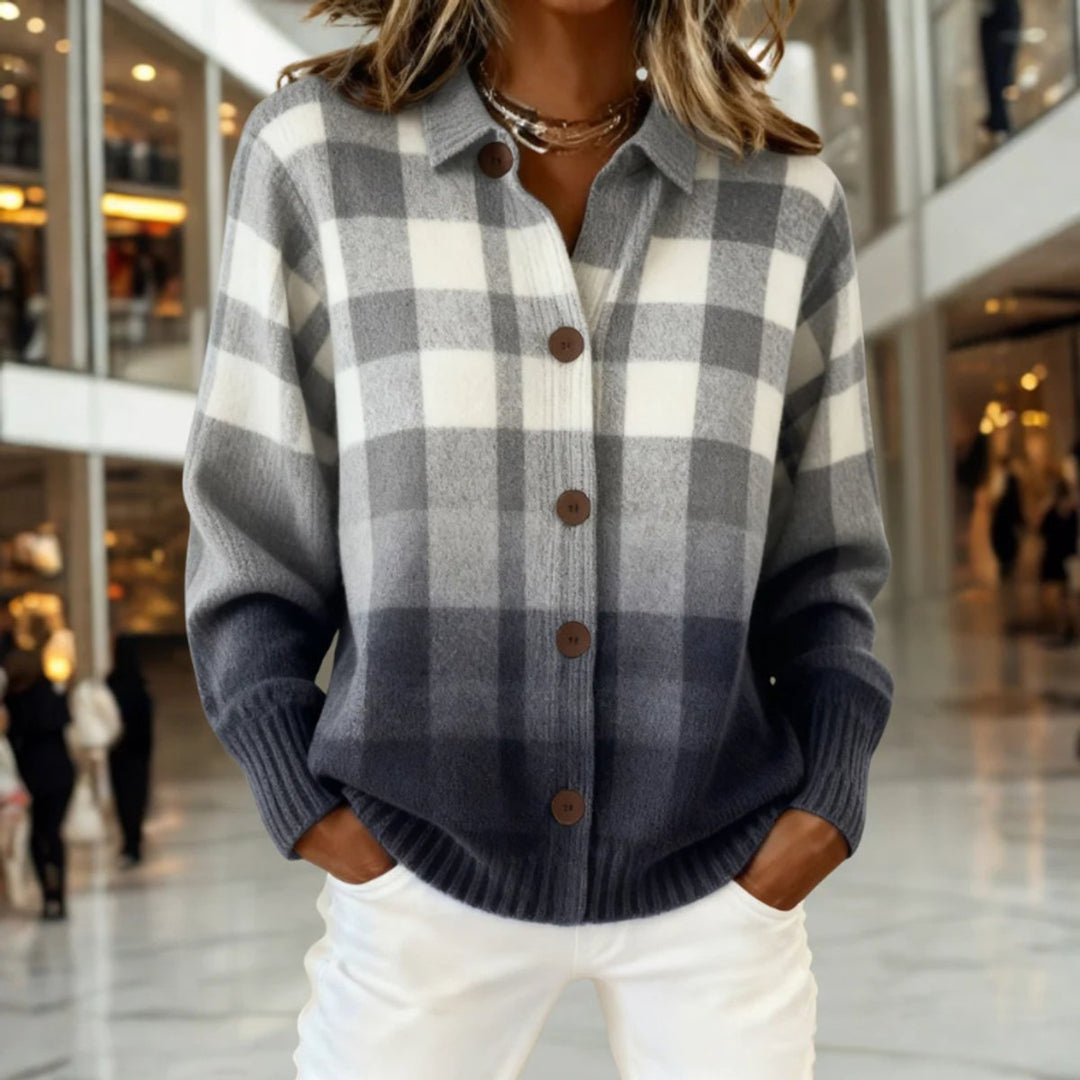 Women's Gray Ombre Buffalo Plaid Button Front Cardigan Sweater
