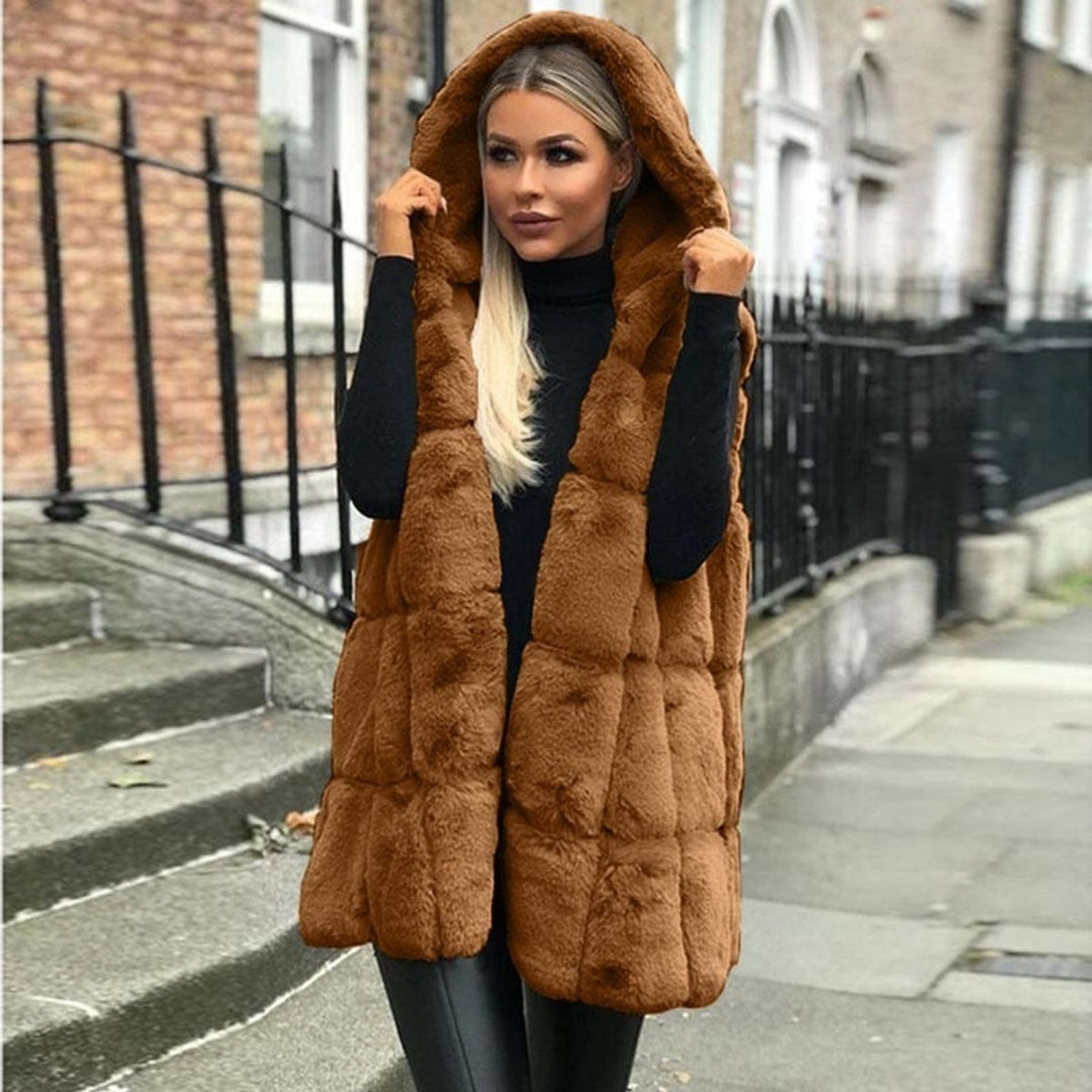 Women's Hooded Long Quilted Faux Fur Puffer Vest