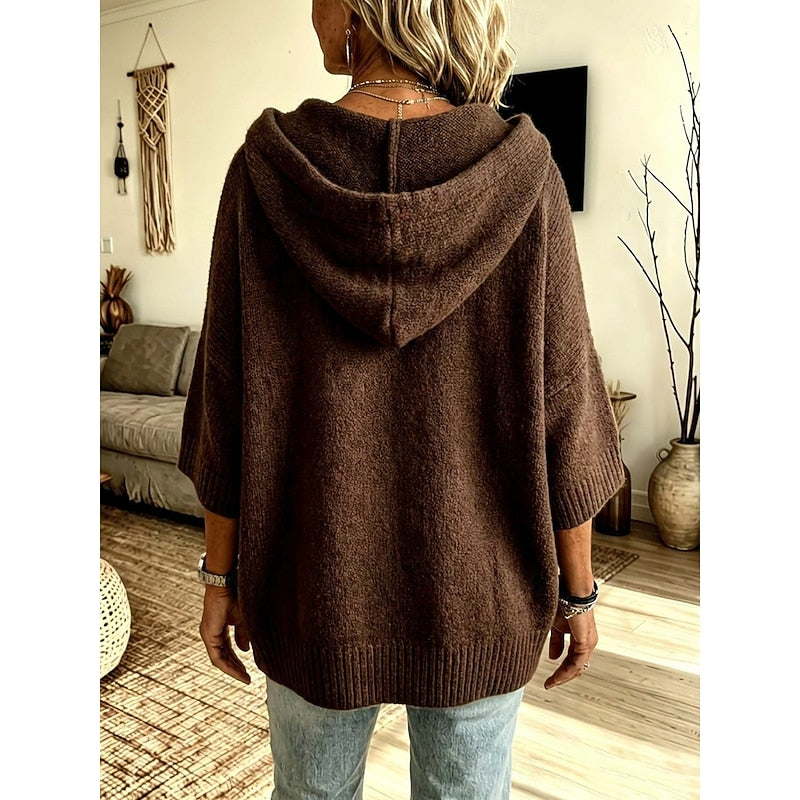 Women's Hooded Open Front Ribbed Knit Sweater Cardigan