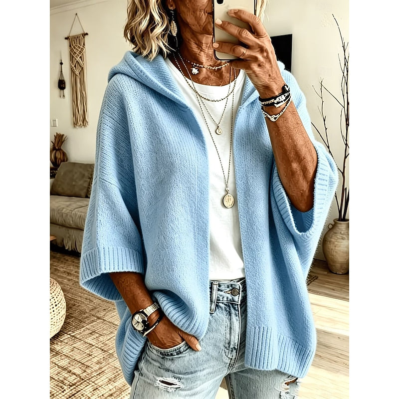 Women's Hooded Open Front Ribbed Knit Sweater Cardigan