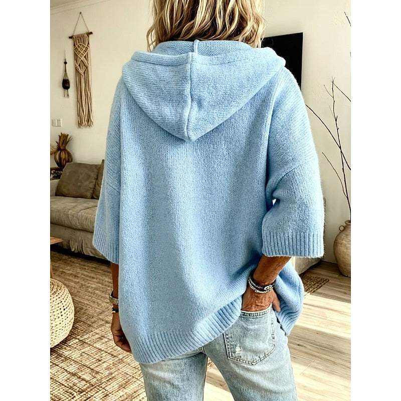 Women's Hooded Open Front Ribbed Knit Sweater Cardigan