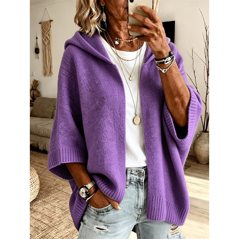 Women's Hooded Open Front Ribbed Knit Sweater Cardigan